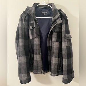 INC International  wool blend fall coat plaid Size L w/ hoodie